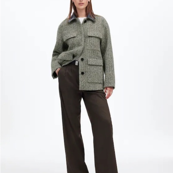 NWT Madewell Leather Collar Gray Textured Tweed Field Jacket, Size L - Picture 1 of 10